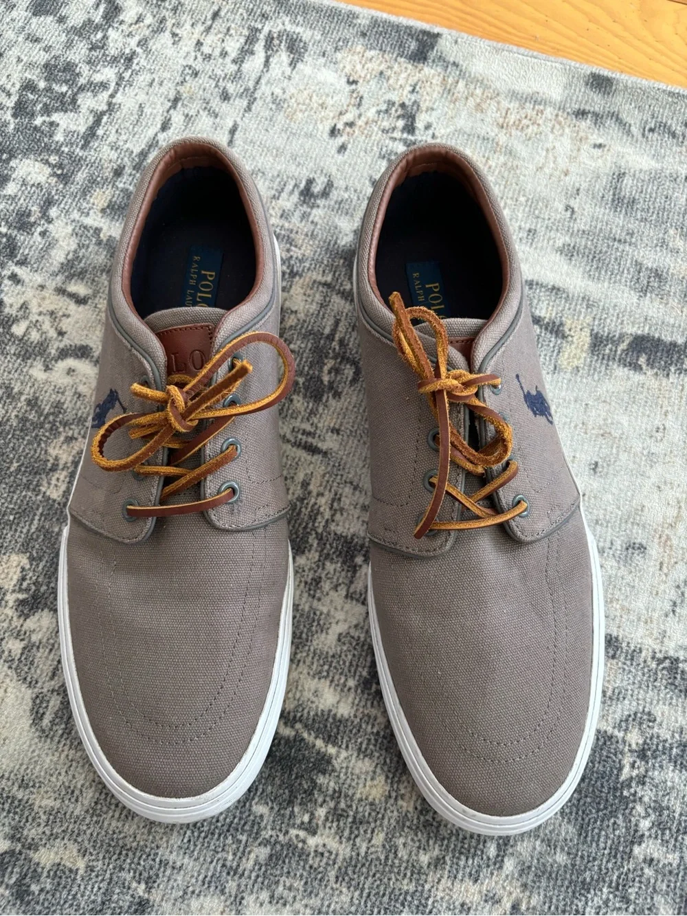 Polo by Ralph Lauren Taupe Canvas Lace-Up Loafers with Navy Polo Logo